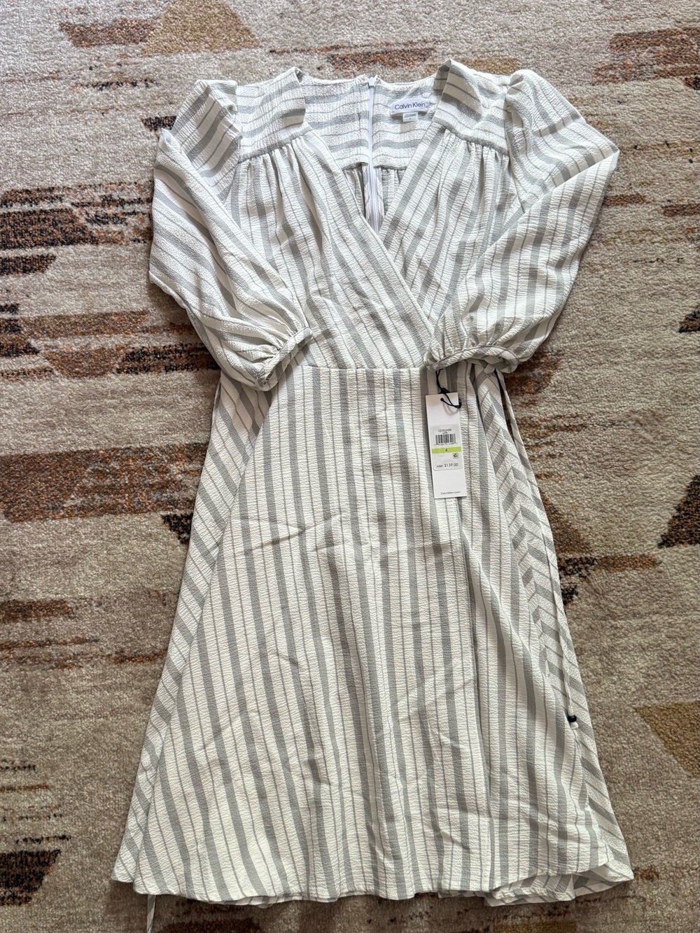 Calvin Klein Cream and Gray Striped Midi Wrap Dress